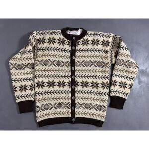 Viking Knit Rasmussen Sweater Mens Small Brown Cream Nordic Cardigan Handmade